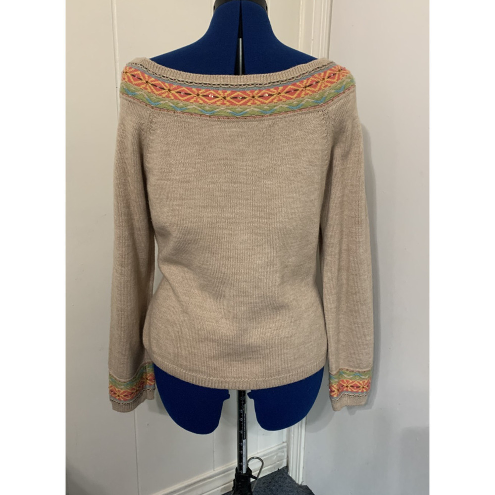 LizClairborne Fair Isle Chunky Knit Camel Wool Blend Beaded Boat Neck Sweater XL - Picture 3 of 10